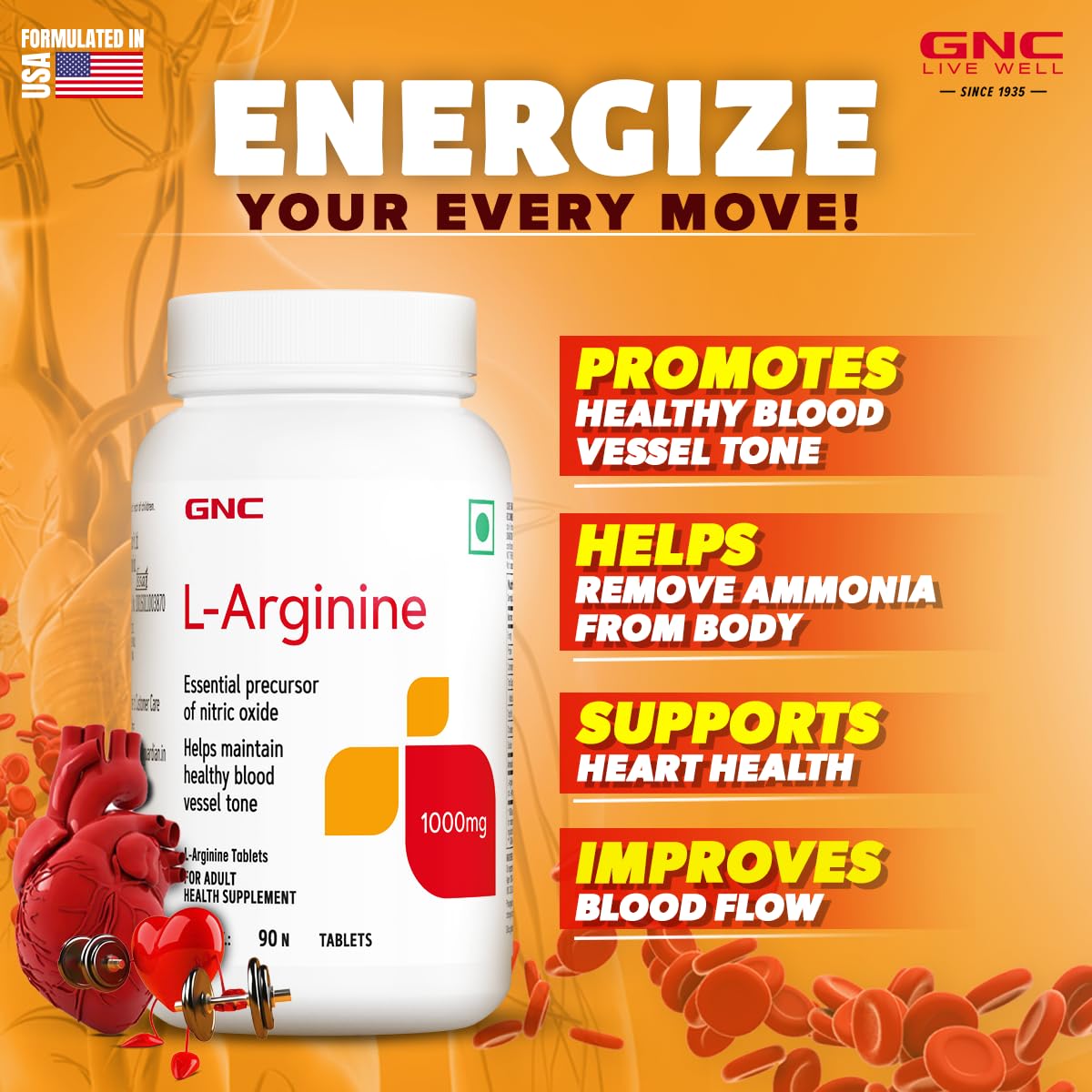 GNC L-ARGININE 1000 MG FUELS MUSCLE GROWTH SUPPORT HEAVY TRAINING 90 TABLETS