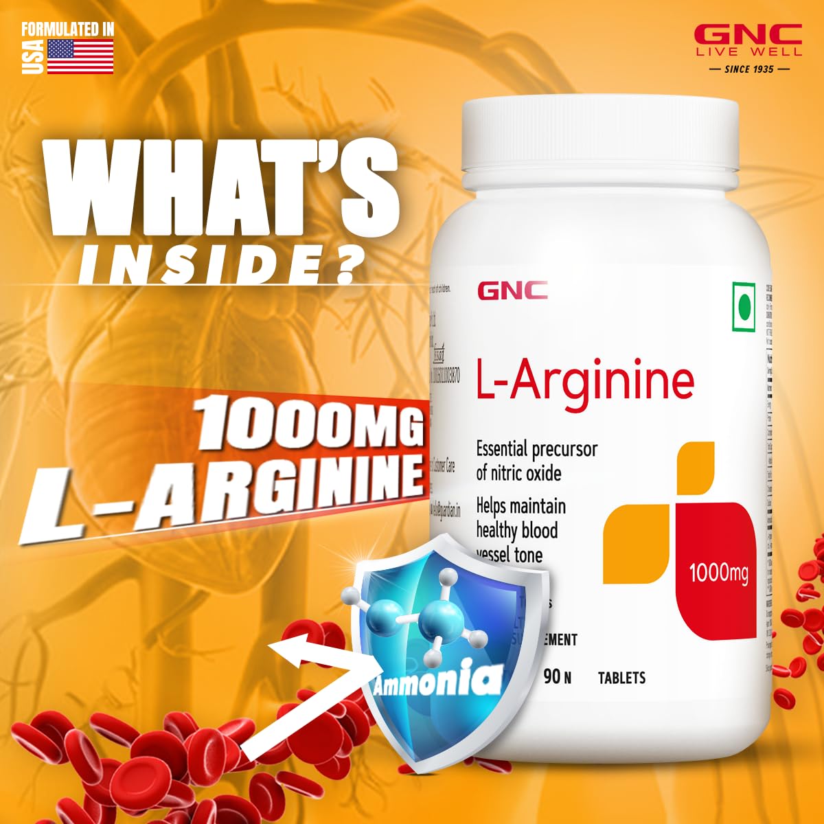 GNC L-ARGININE 1000 MG FUELS MUSCLE GROWTH SUPPORT HEAVY TRAINING 90 TABLETS