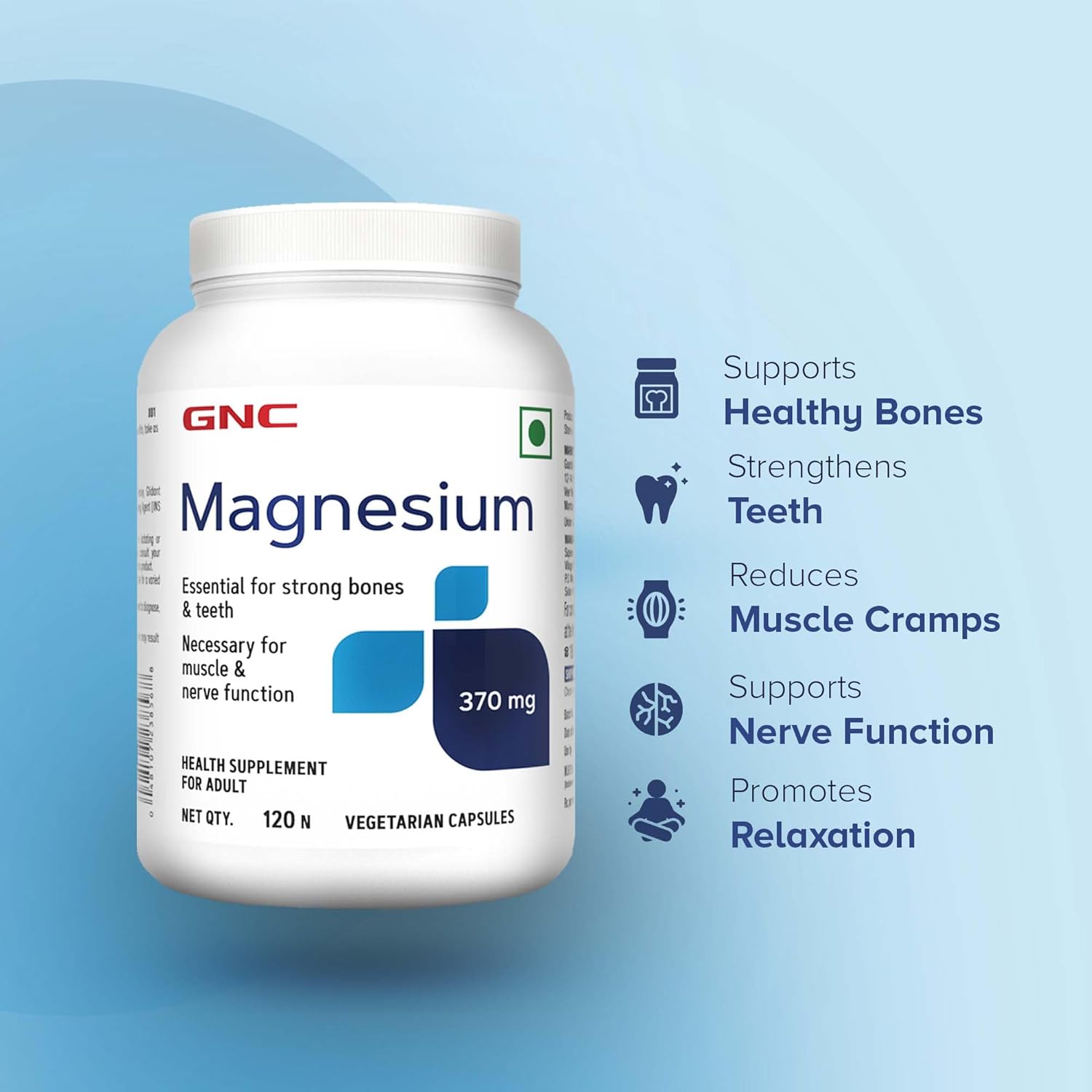 GNC MAGNESIUM 370MG FOR BONE STRENGTH, MUSCLE & NERVE FUNCTION, STRESS RELIEF 120 CAPSULES