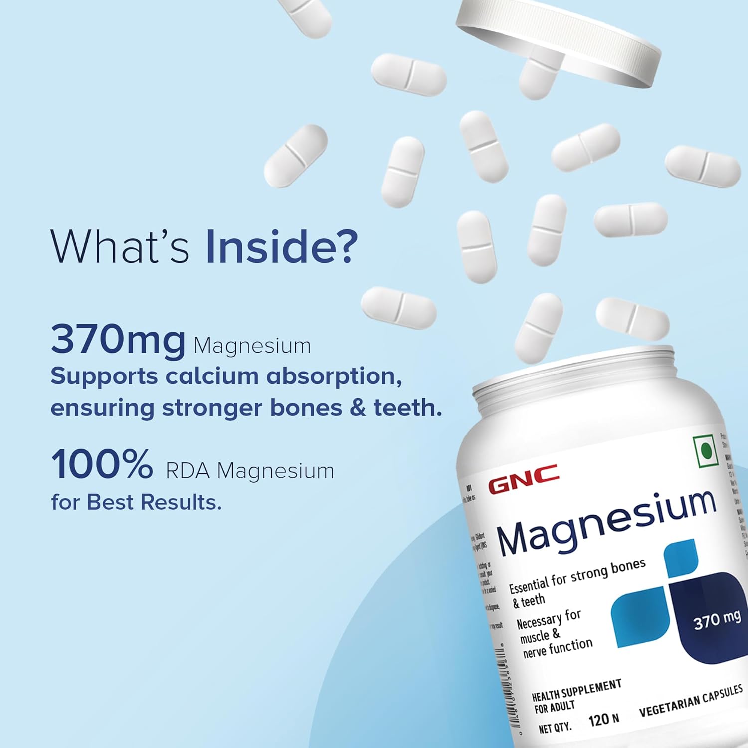 GNC MAGNESIUM 370MG FOR BONE STRENGTH, MUSCLE & NERVE FUNCTION, STRESS RELIEF 120 CAPSULES