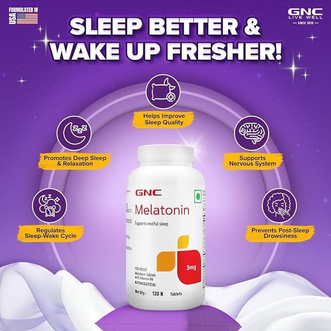 GNC MELATONIN TABLETS WITH VITAMIN B6 PROMOTES DEEP SLEEP HELPS IN RELAXATION 120 TABLETS