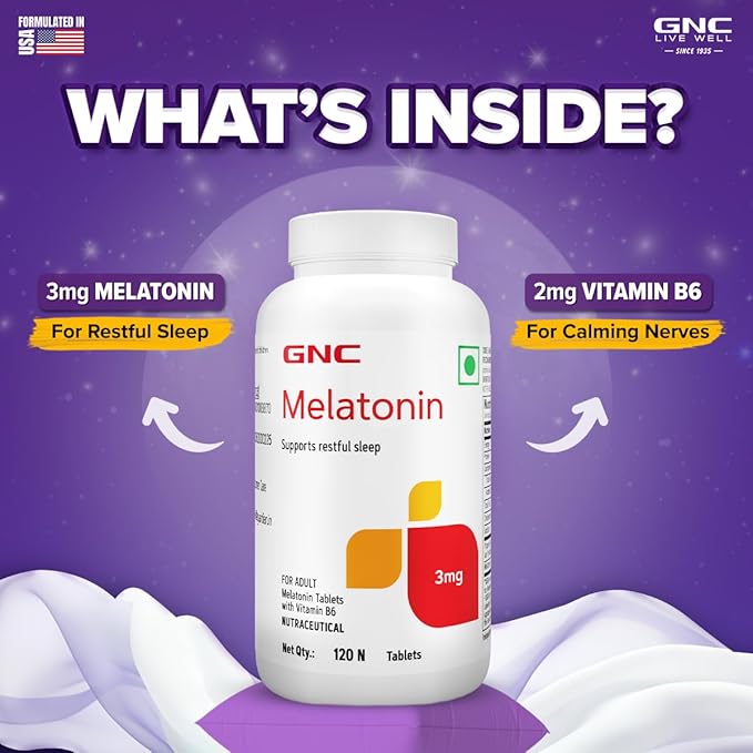GNC MELATONIN TABLETS WITH VITAMIN B6 PROMOTES DEEP SLEEP HELPS IN RELAXATION 120 TABLETS