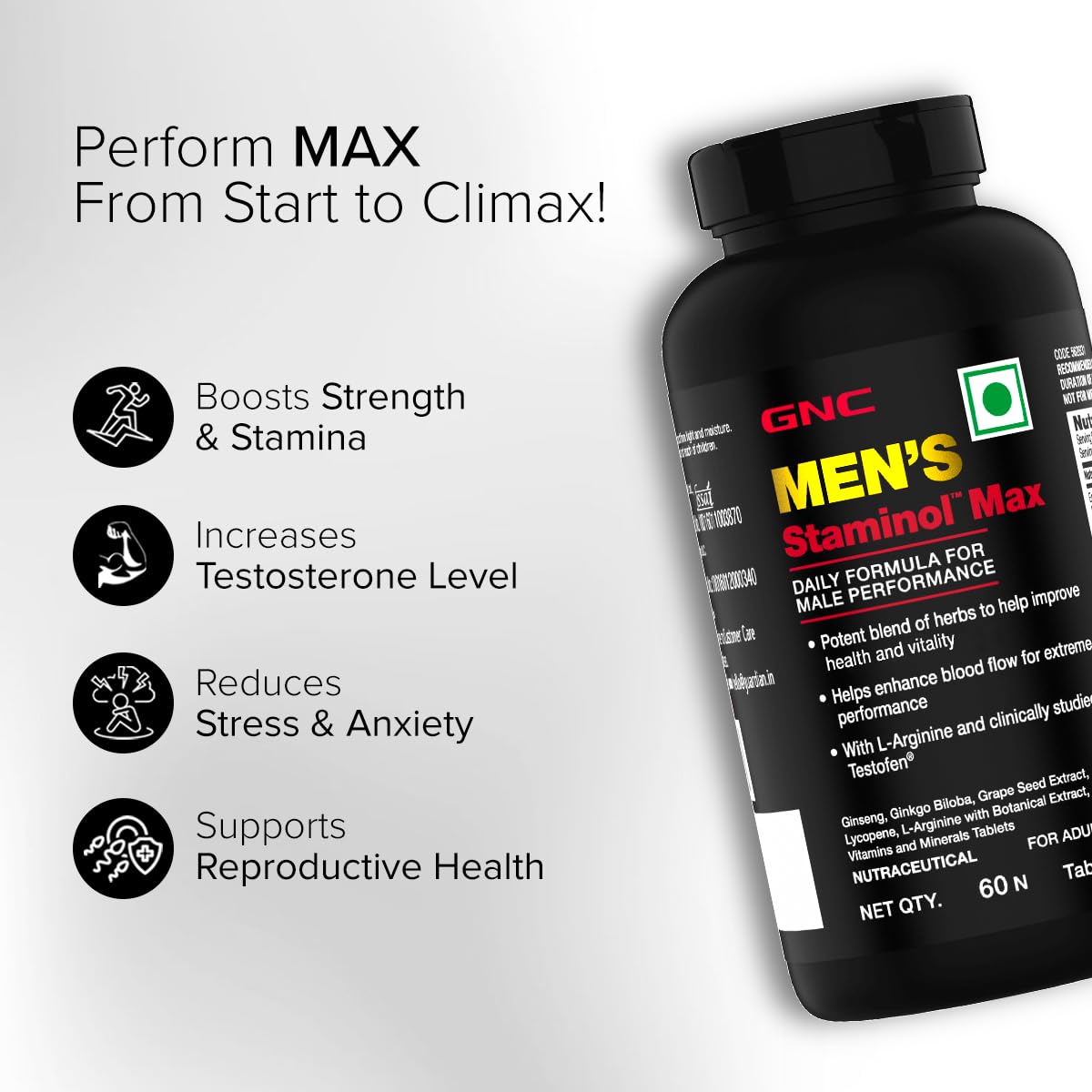 GNC STAMINOL MAX FOR MEN BLEND OF 8 SUPERHERB 60 VEG TABLETS