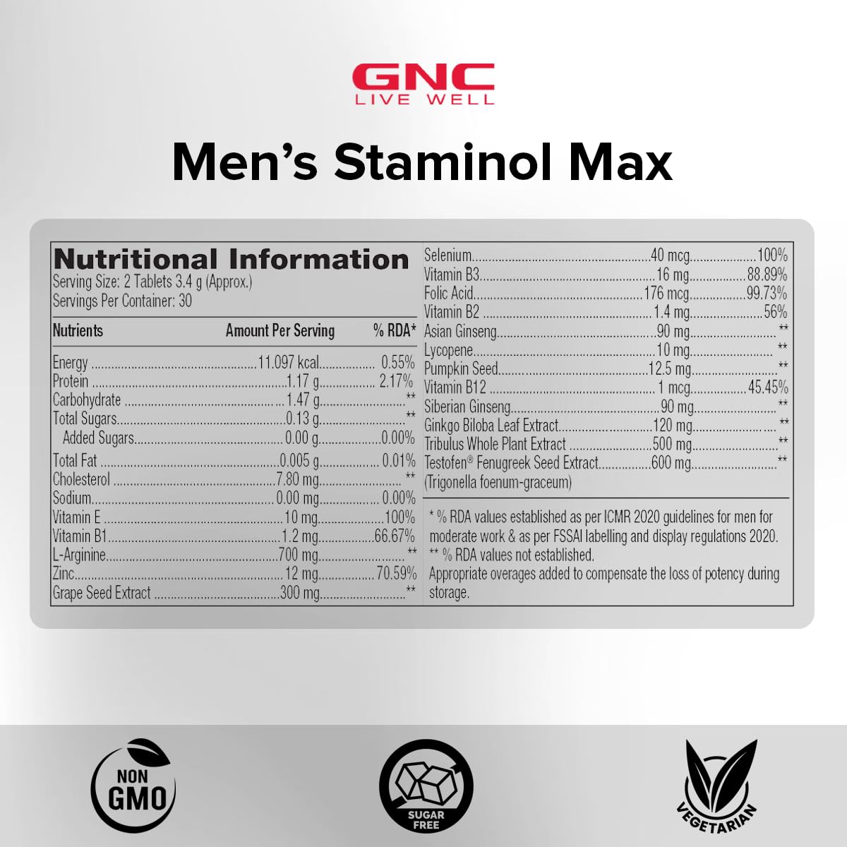 GNC STAMINOL MAX FOR MEN BLEND OF 8 SUPERHERB 60 VEG TABLETS