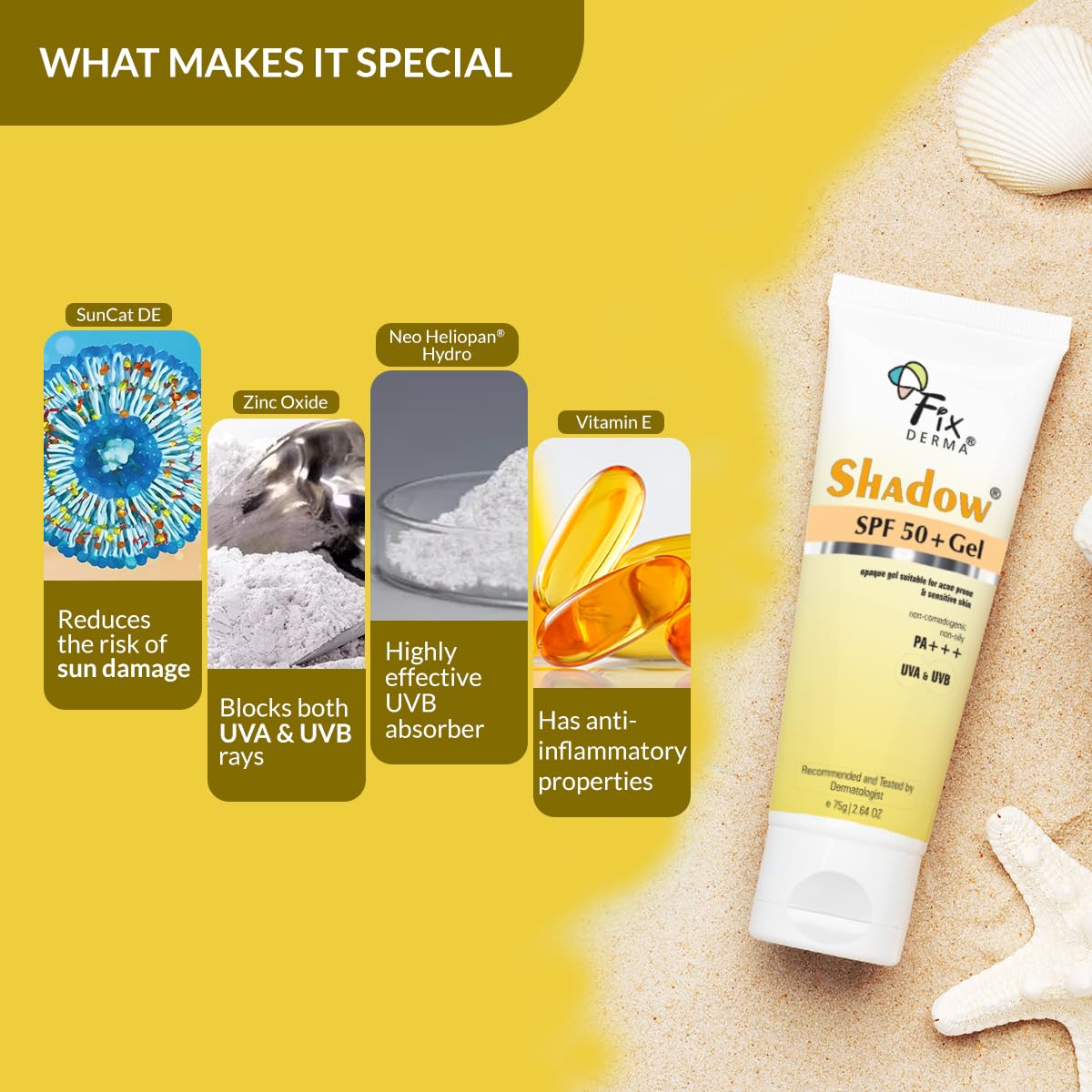 FIXDERMA SHADOW SUNSCREEN SPF 50+ PA+++ GEL SUNSCREEN FOR OILY, ACNE PRONE & NORMAL SKIN 75GM