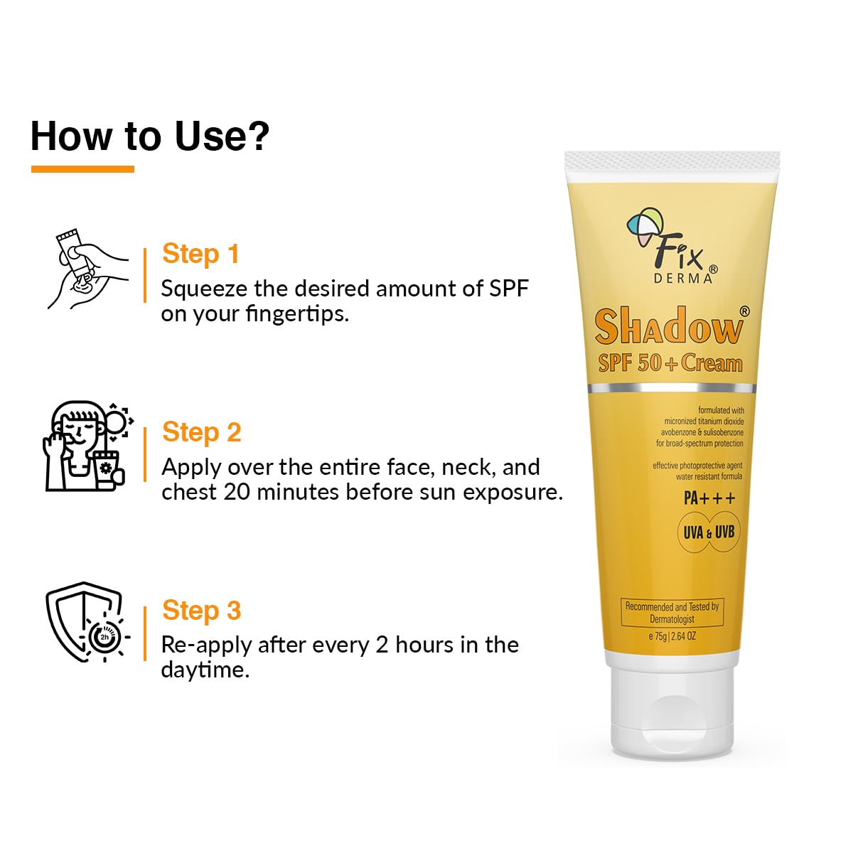 FIXDERMA SHADOW SUNSCREEN SPF 50+ CREAM PA+++ DRY SKIN FOR BODY & FACE BROAD SPECTRUM 75GM