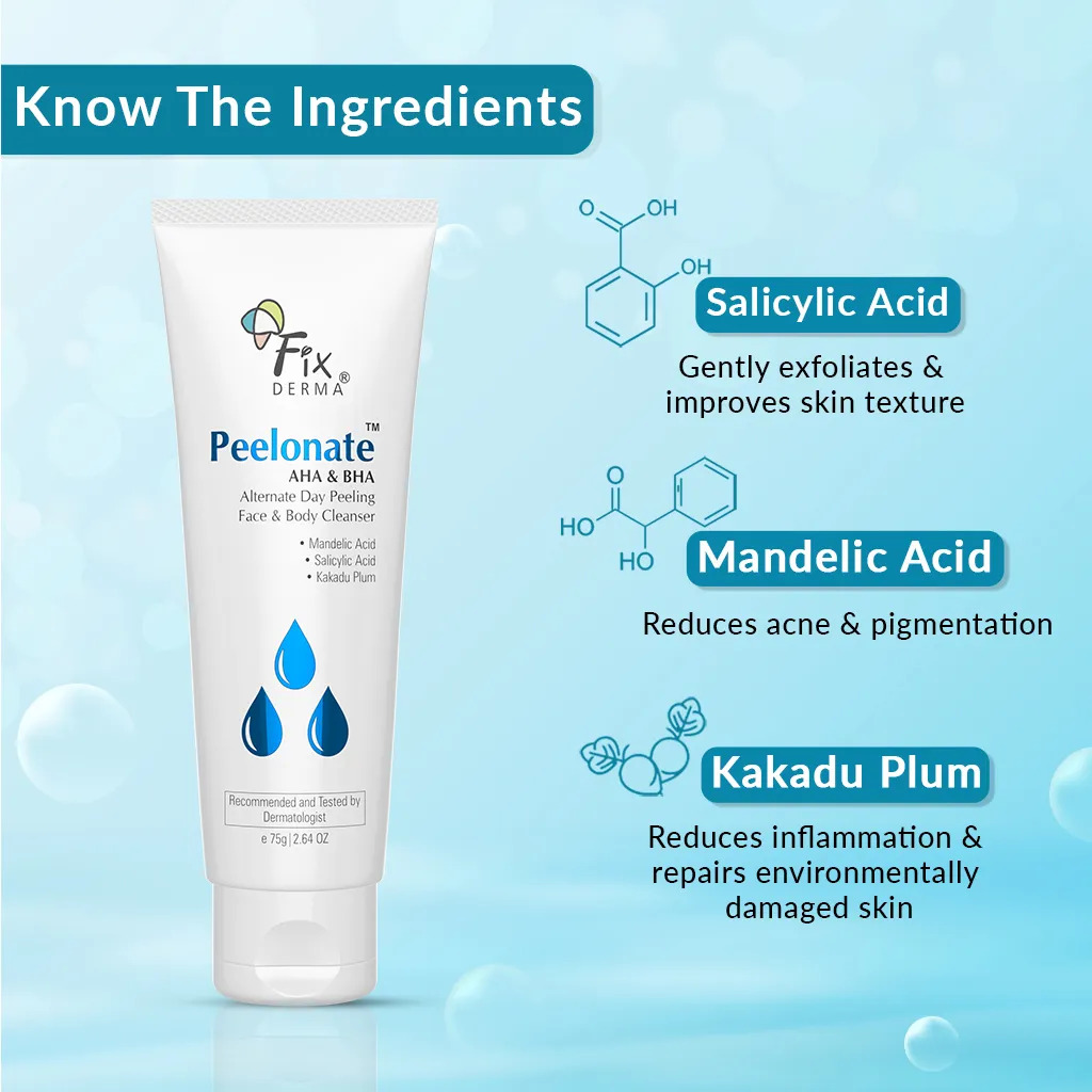 FIXDERMA PEELONATE AHA BHA FACE CLEANSER, EXFOLIATOR, FACE PEELING SOLUTION 75GM