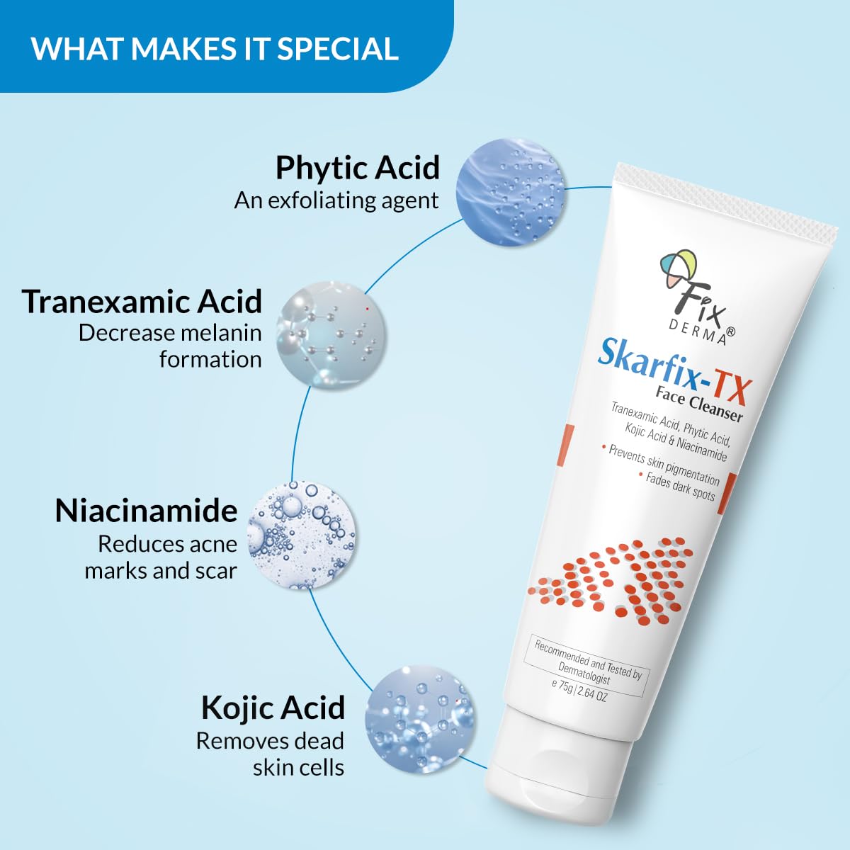 FIXDERMA SKARFIX -TX FACE CLEANSER WITH TRANEXAMIC ACID, KOJIC ACID & NIACINAMIDE 75GM