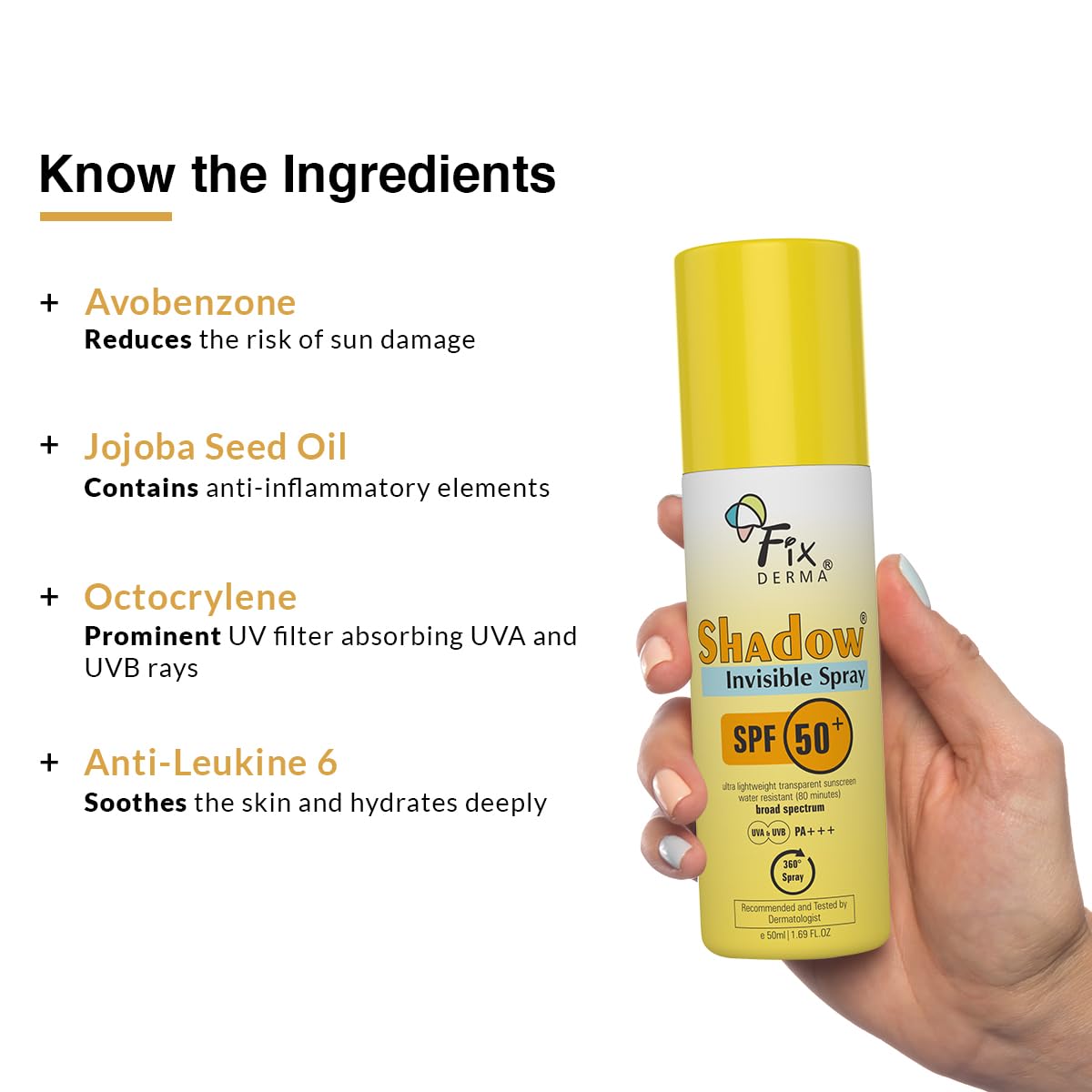 FIXDERMA SHADOW SPF 50+ PA+++ INVISIBLE SPRAY | ULTRA LIGHTWEIGHT TRANSPARENT SUNSCREEN 50ML