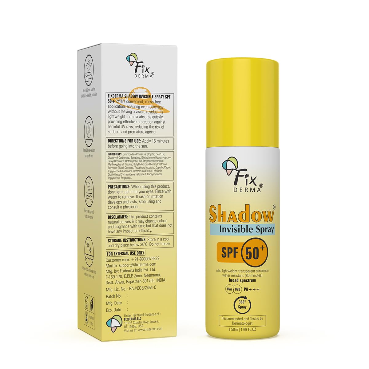 FIXDERMA SHADOW SPF 50+ PA+++ INVISIBLE SPRAY | ULTRA LIGHTWEIGHT TRANSPARENT SUNSCREEN 50ML