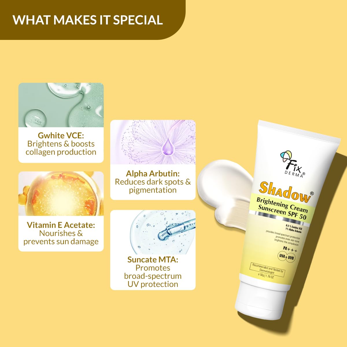 FIXDERMA SHADOW BRIGHTENING SUNSCREEN SPF50 PA+++ WITH 1% ALPHA ARBUTIN 50GM