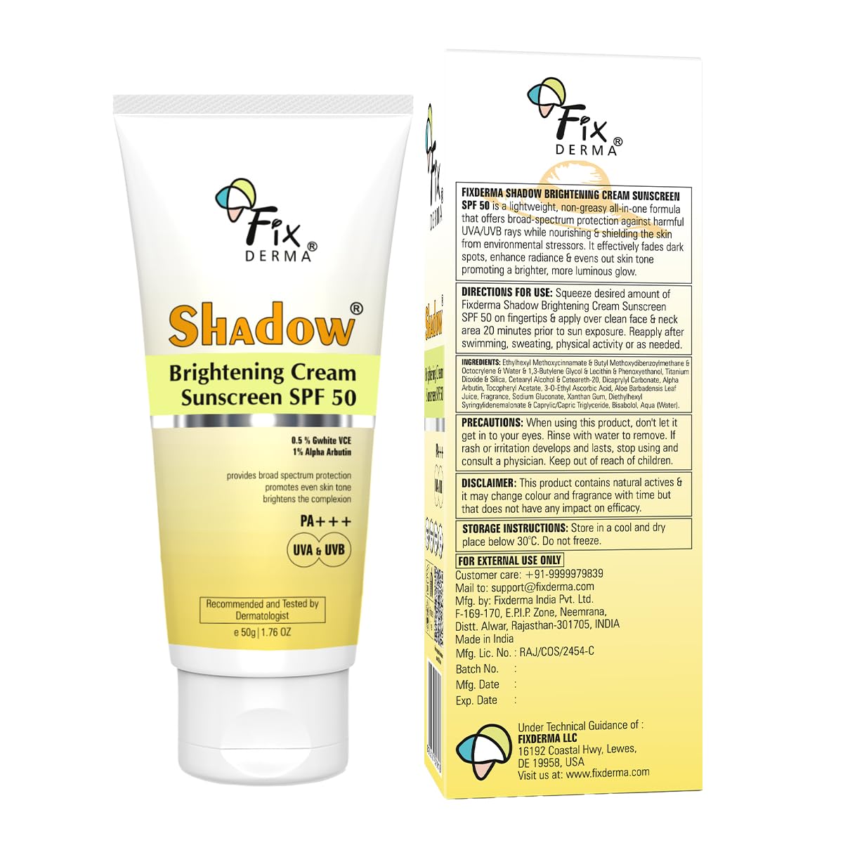 FIXDERMA SHADOW BRIGHTENING SUNSCREEN SPF50 PA+++ WITH 1% ALPHA ARBUTIN 50GM