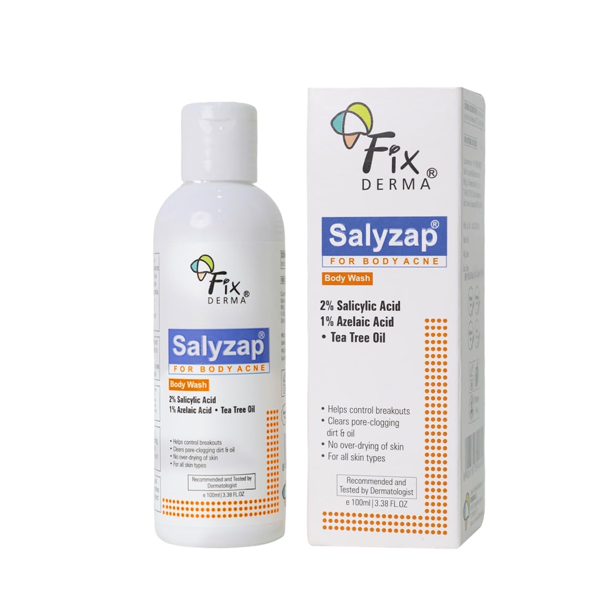 FIXDERMA SALYZAP 2% SALICYLIC ACID BODY WASH I FOR ACNE, ANTI ACNE BODY WASH ON BACK 100ML
