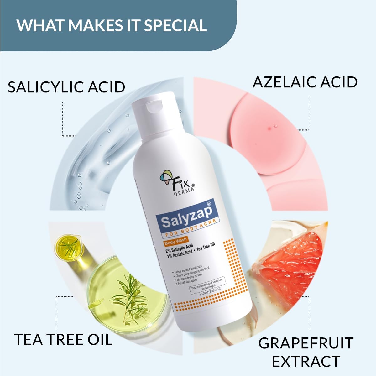 FIXDERMA SALYZAP 2% SALICYLIC ACID BODY WASH I FOR ACNE, ANTI ACNE BODY WASH ON BACK 100ML