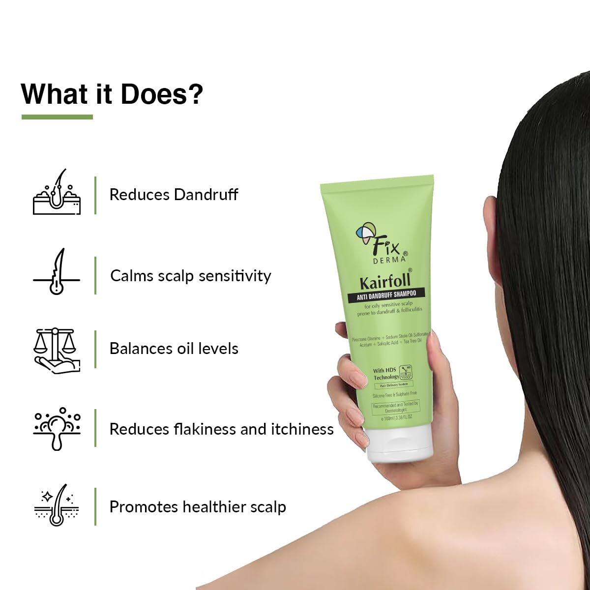 FIXDERMA KAIRFOLL ANTI DANDRUFF SHAMPOO RELIEVES SCALP IRRITATION FROM THE FIRST WASH 100ML