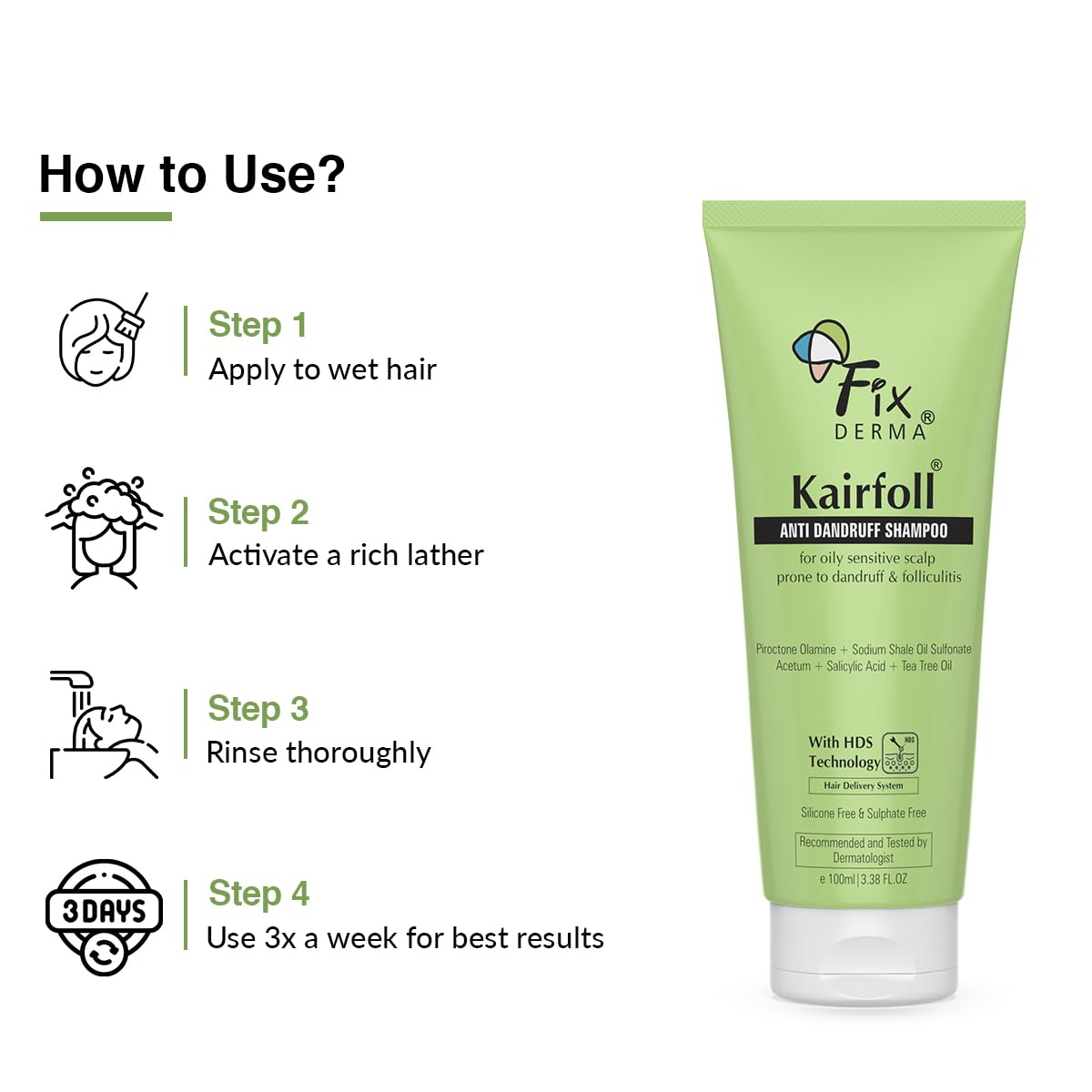 FIXDERMA KAIRFOLL ANTI DANDRUFF SHAMPOO RELIEVES SCALP IRRITATION FROM THE FIRST WASH 100ML