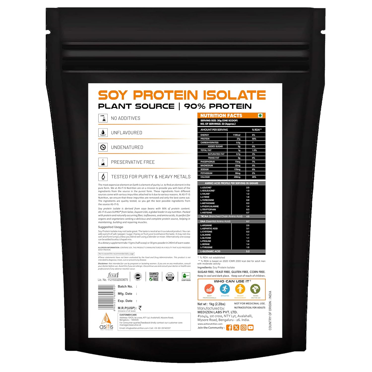 AS-IT-IS NUTRITION SOY PROTEIN ISOLATE 90% MADE FOR MEAL SUPPLEMENTATION VEGAN PLANT PROTEIN 1KG