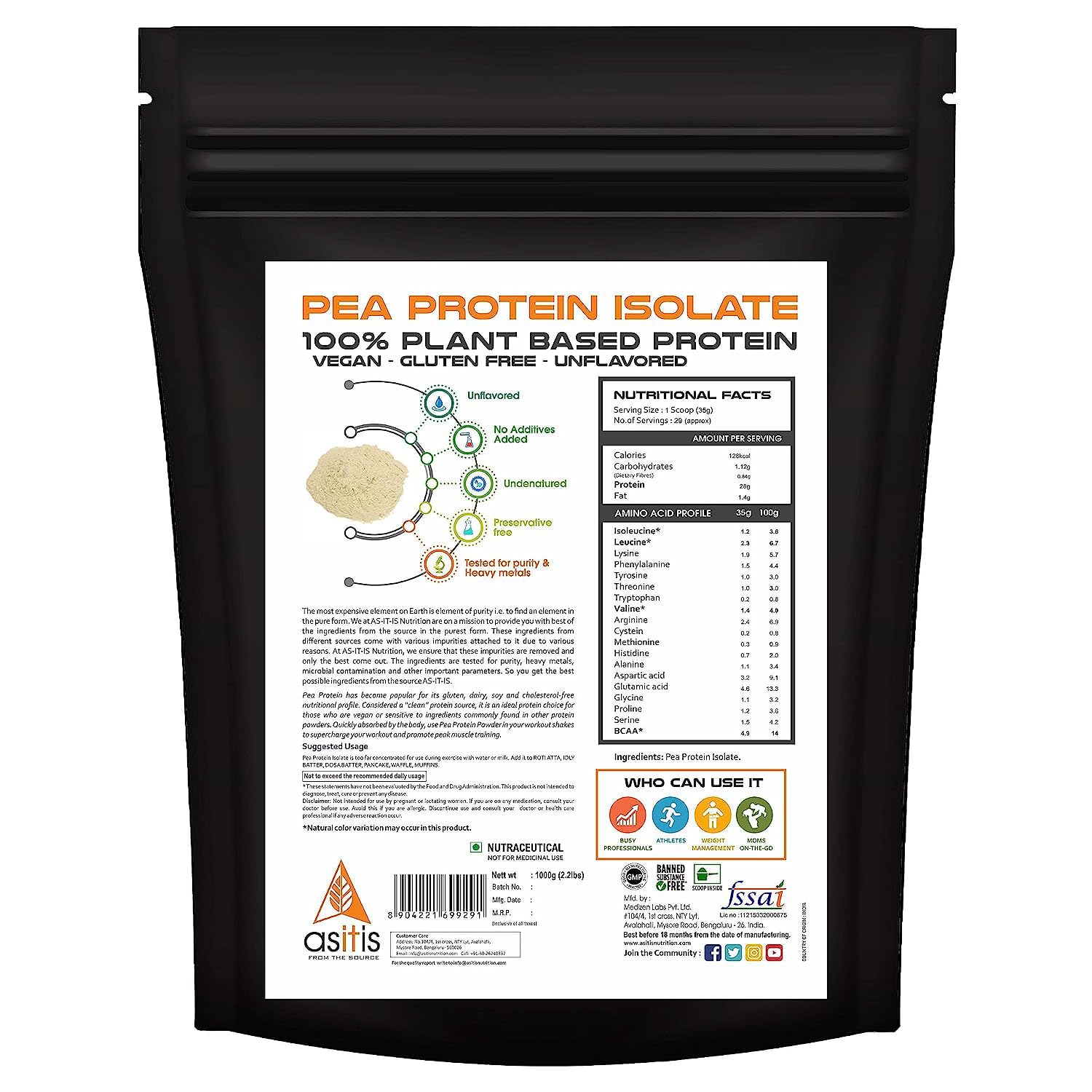 AS-IT-IS NUTRITION PEA PROTEIN ISOLATE DESIGNED FOR MEAL SUPPLEMENTATION VEGAN PLANT PROTEIN 1KG