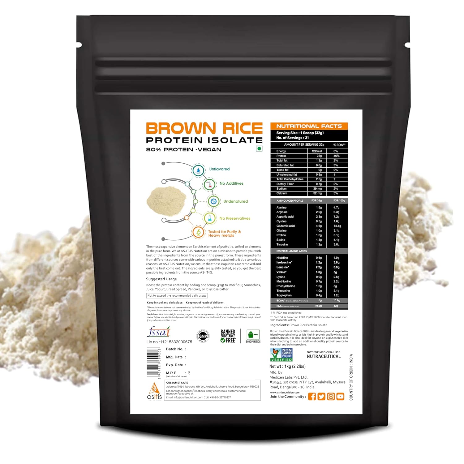 AS-IT-IS NUTRITION BROWN RICE PROTEIN 80% DESIGNED AS MEAL SUPPLEMENT UNFLAVOURED 1KG