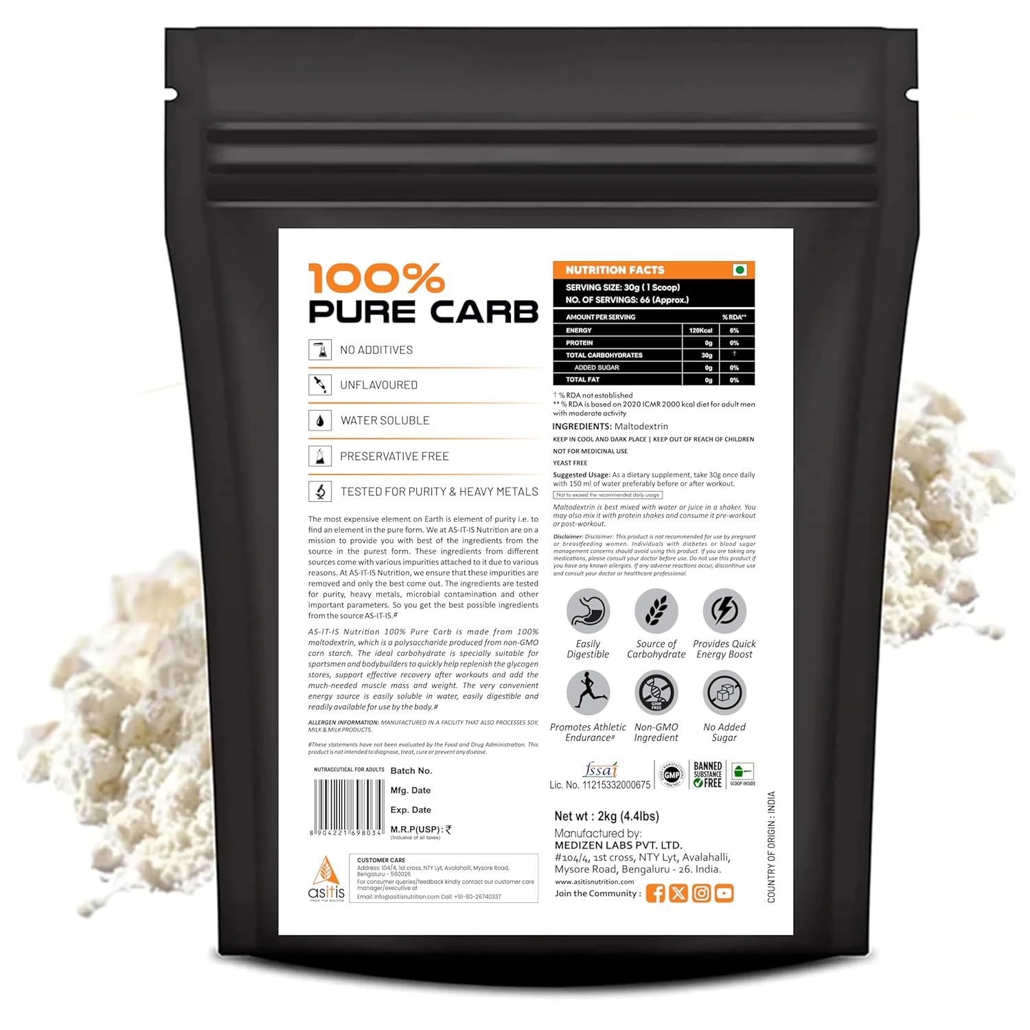 AS-IT-IS NUTRITION 100% PURE CARB CARBOHYDRATES FOR WEIGHT GAIN UNFLAVOURED 2KG