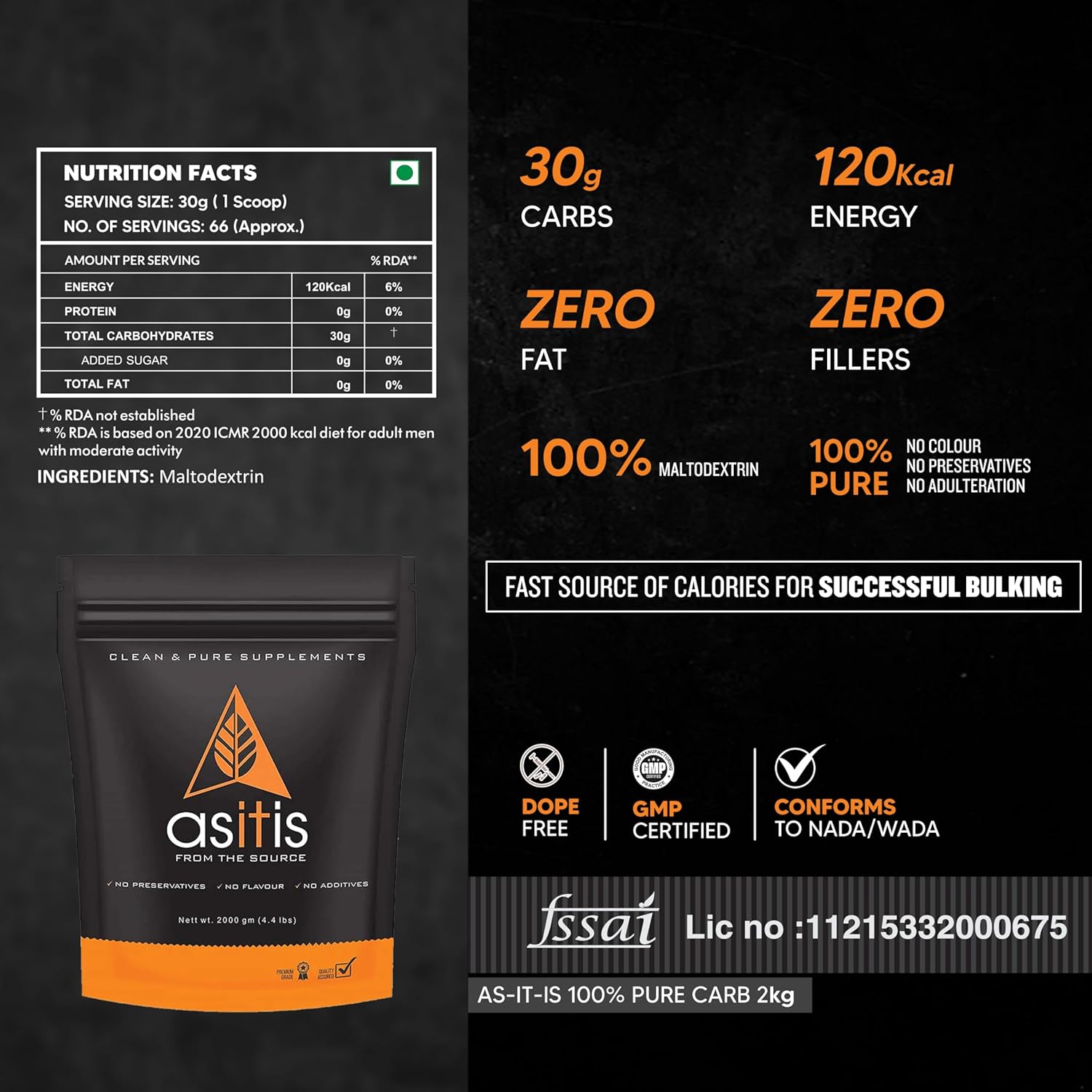 AS-IT-IS NUTRITION 100% PURE CARB CARBOHYDRATES FOR WEIGHT GAIN UNFLAVOURED 2KG