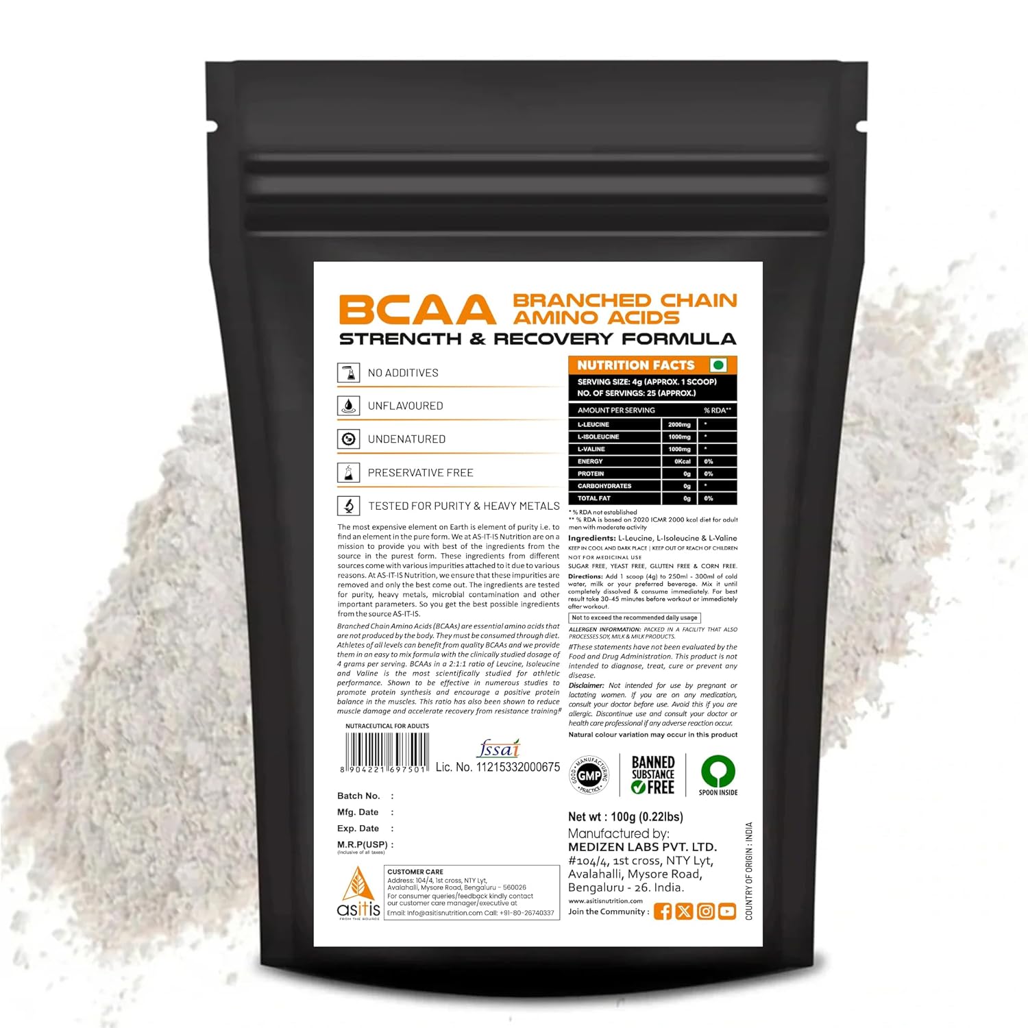 AS-IT-IS NUTRITION BCAA 100% PURE POWDER PRE/POST WORKOUT BODYBUILDING SUPPLEMENT 100GM