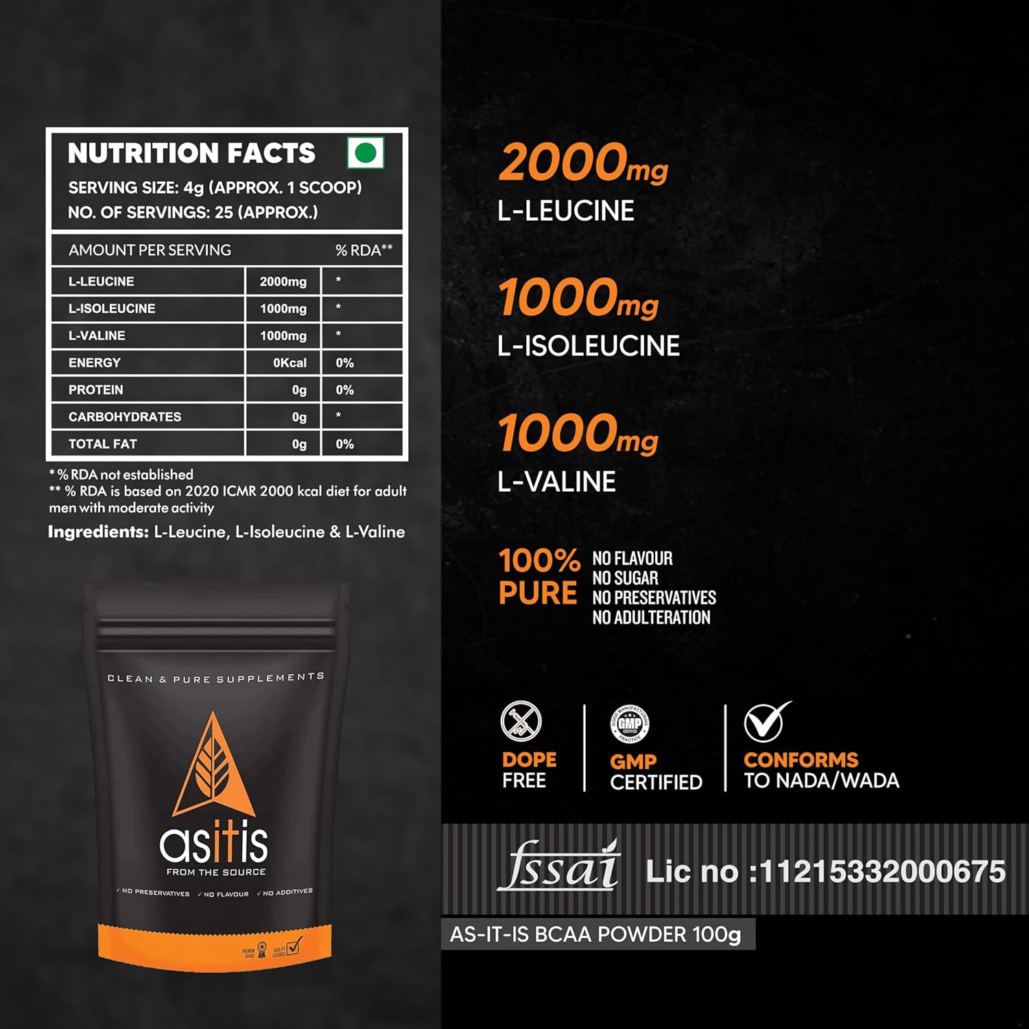 AS-IT-IS NUTRITION BCAA 100% PURE POWDER PRE/POST WORKOUT BODYBUILDING SUPPLEMENT 100GM