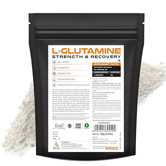 AS-IT-IS NUTRITION L-GLUTAMINE FOR MUSCLE GROWTH AND RECOVERY 250GM