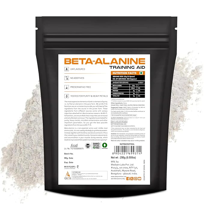 AS-IT-IS NUTRITION 100% BETA ALANINE POWDER, PRE-WORKOUT UNFLAVOURED 250GM