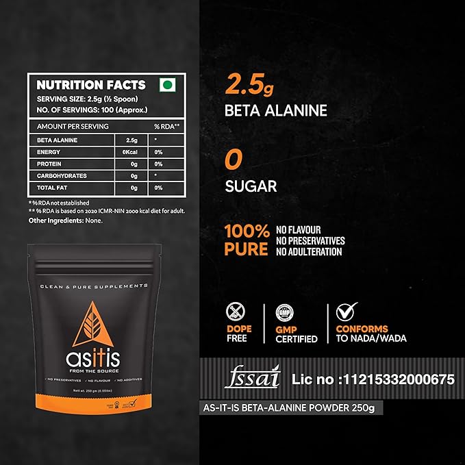 AS-IT-IS NUTRITION 100% BETA ALANINE POWDER, PRE-WORKOUT UNFLAVOURED 250GM