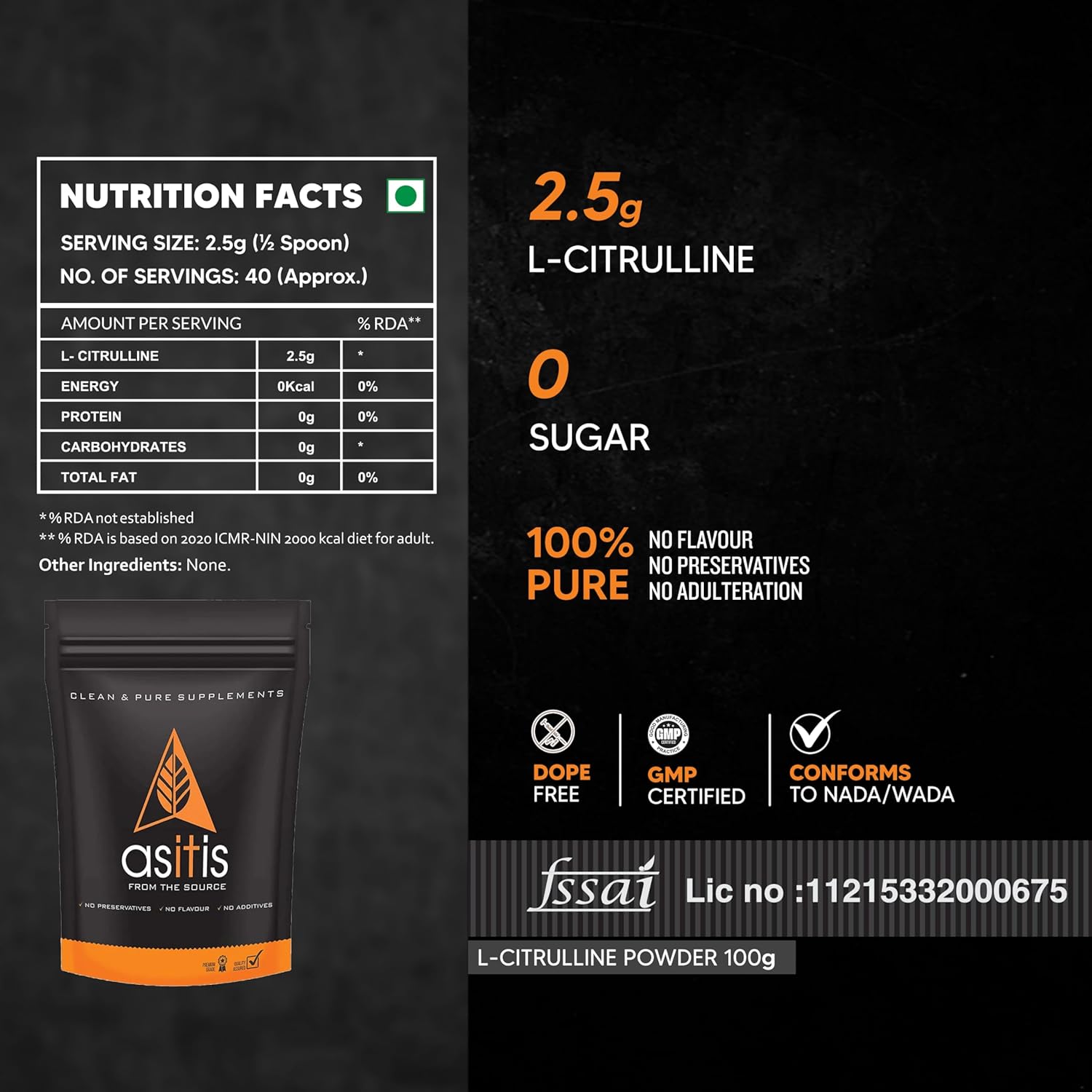 AS-IT-IS NUTRITION PURE L-CITRULLINE POWDER, BOOSTS NITRIC OXIDE & MUSCLE GROWTH 100GM