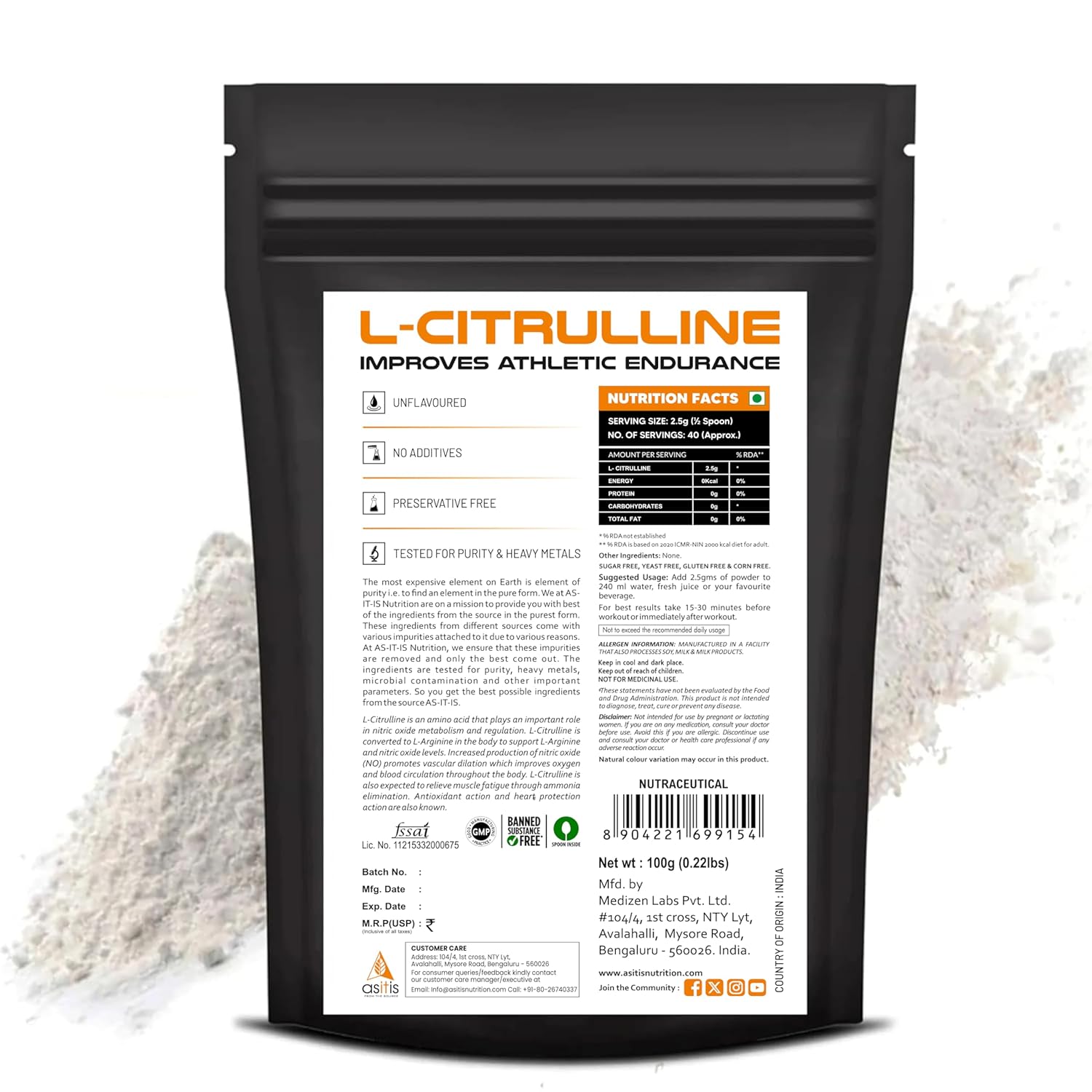 AS-IT-IS NUTRITION PURE L-CITRULLINE POWDER, BOOSTS NITRIC OXIDE & MUSCLE GROWTH 100GM
