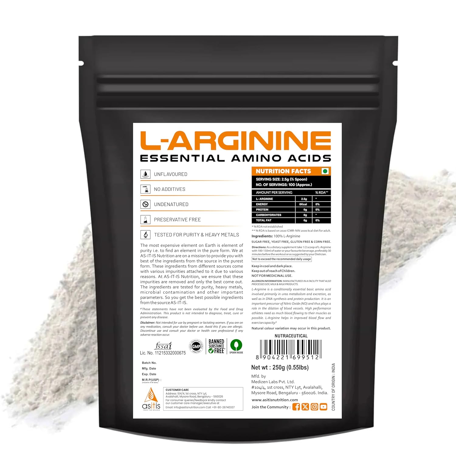 AS-IT-IS NUTRITION L-ARGININE POWDER FOR MUSCLE BUILDING & ENDURANCE 250GM