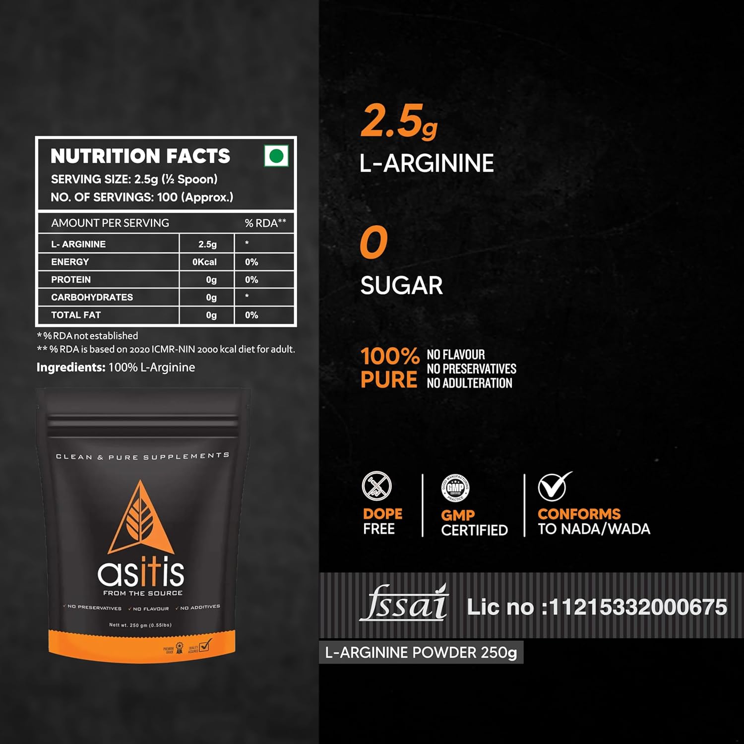 AS-IT-IS NUTRITION L-ARGININE POWDER FOR MUSCLE BUILDING & ENDURANCE 250GM