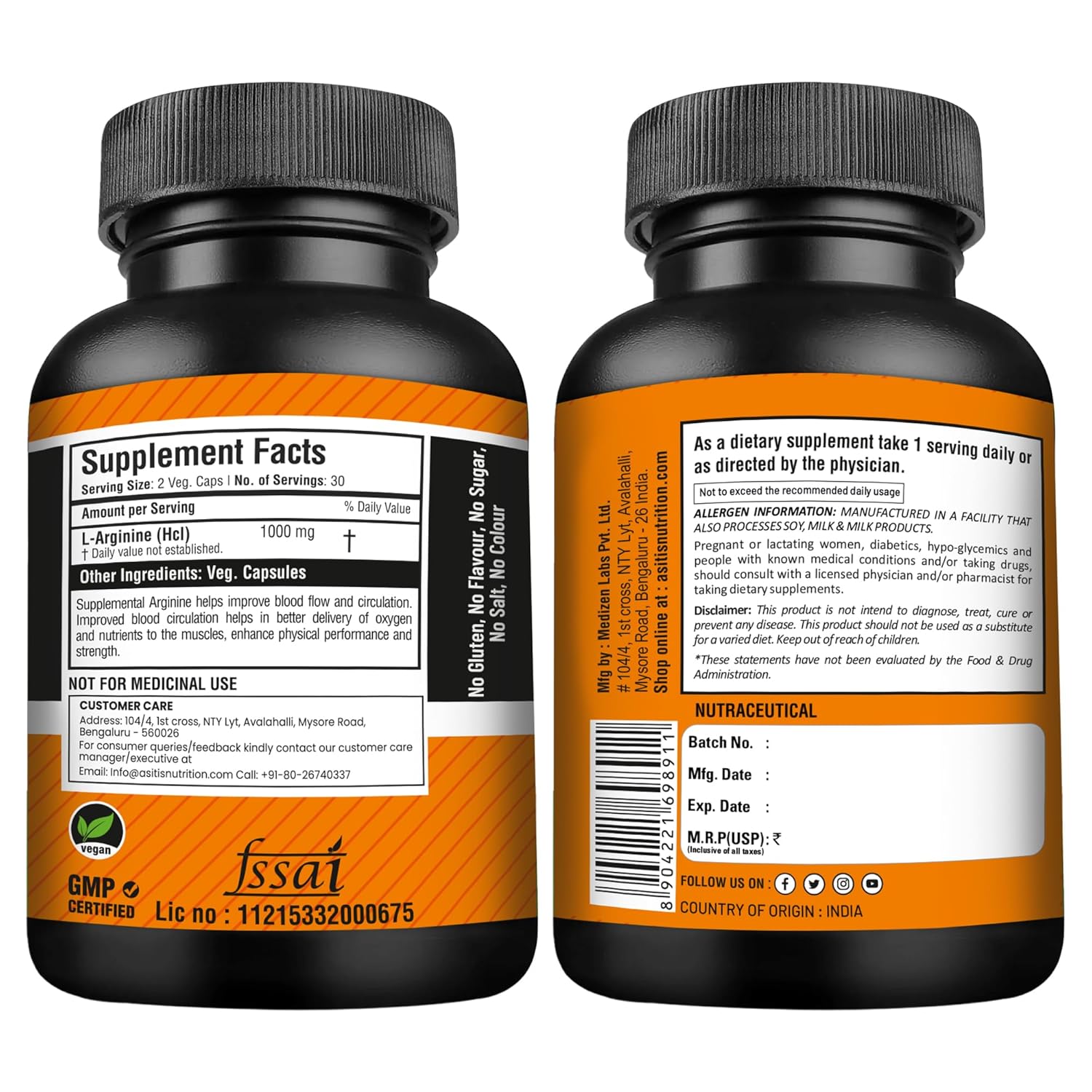 AS-IT-IS NUTRITION L-ARGININE 1000MG SUPPORTS ENDURANCE & OPTIMIZES WORKOUTS 60 CAPSULES