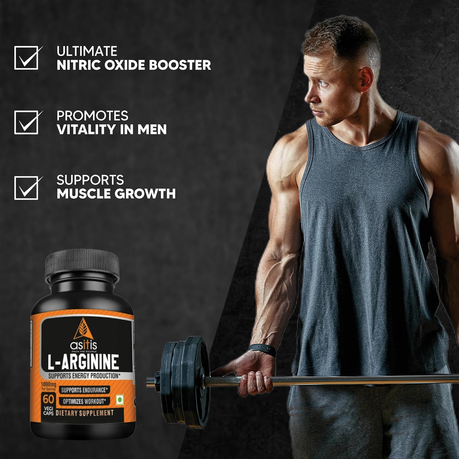 AS-IT-IS NUTRITION L-ARGININE 1000MG SUPPORTS ENDURANCE & OPTIMIZES WORKOUTS 60 CAPSULES
