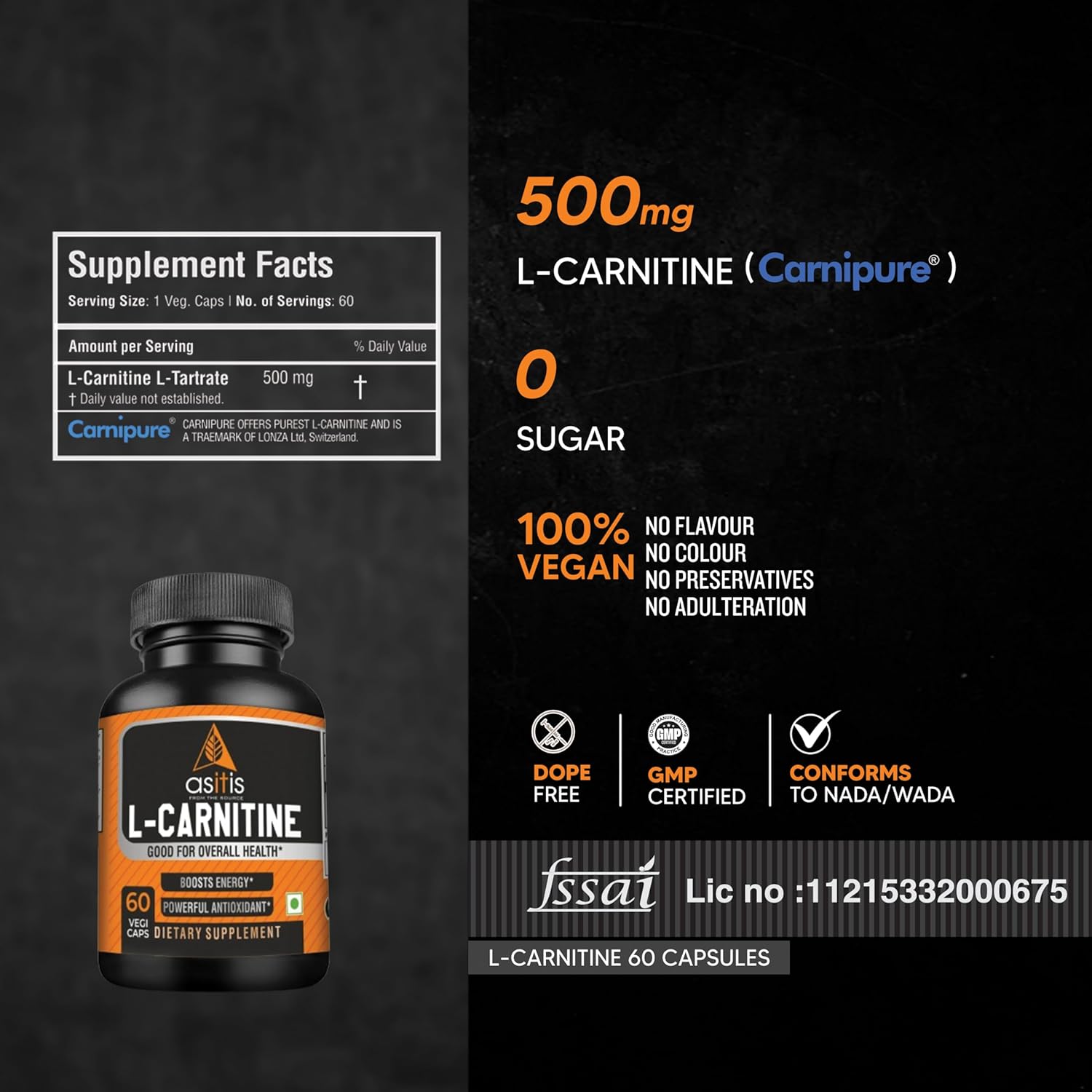 AS-IT-IS NUTRITION 100% L-CARNITINE L-TARTRATE, 500MG PER SERVING, 60 CAPSULES