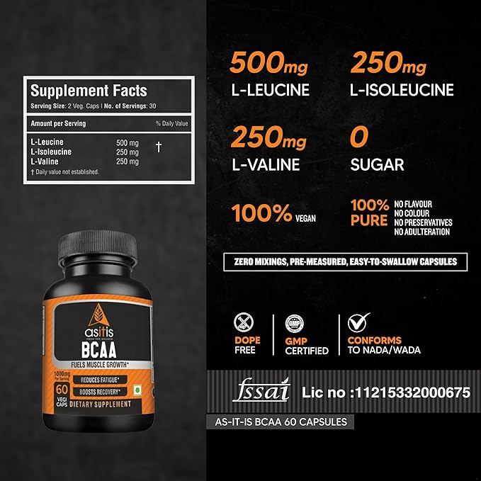 AS-IT-IS NUTRITION BCAA 1000MG REDUCES FATIGUE & BOOSTS MUSCLE GROWTH 60 CAPSULES