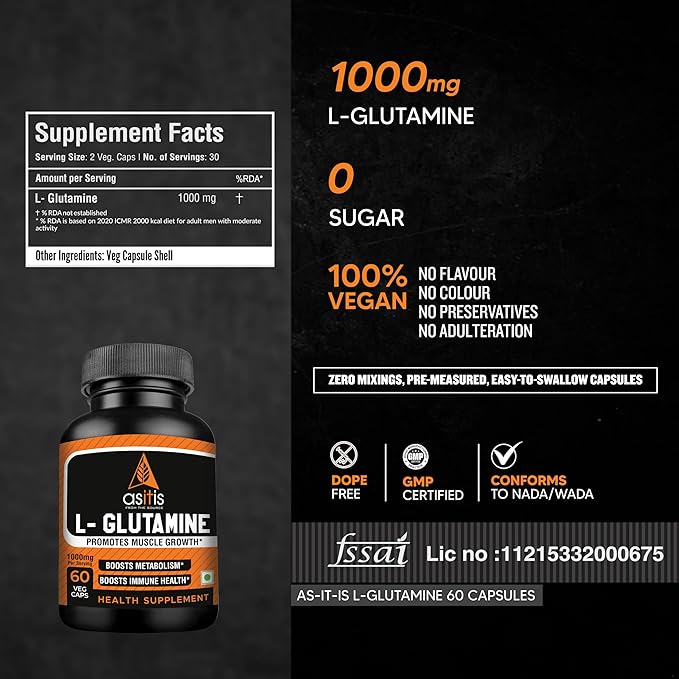 AS-IT-IS L-GLUTAMINE, 1000MG EASY TO SWALLOW FOR MEN & WOMEN 60 CAPSULES