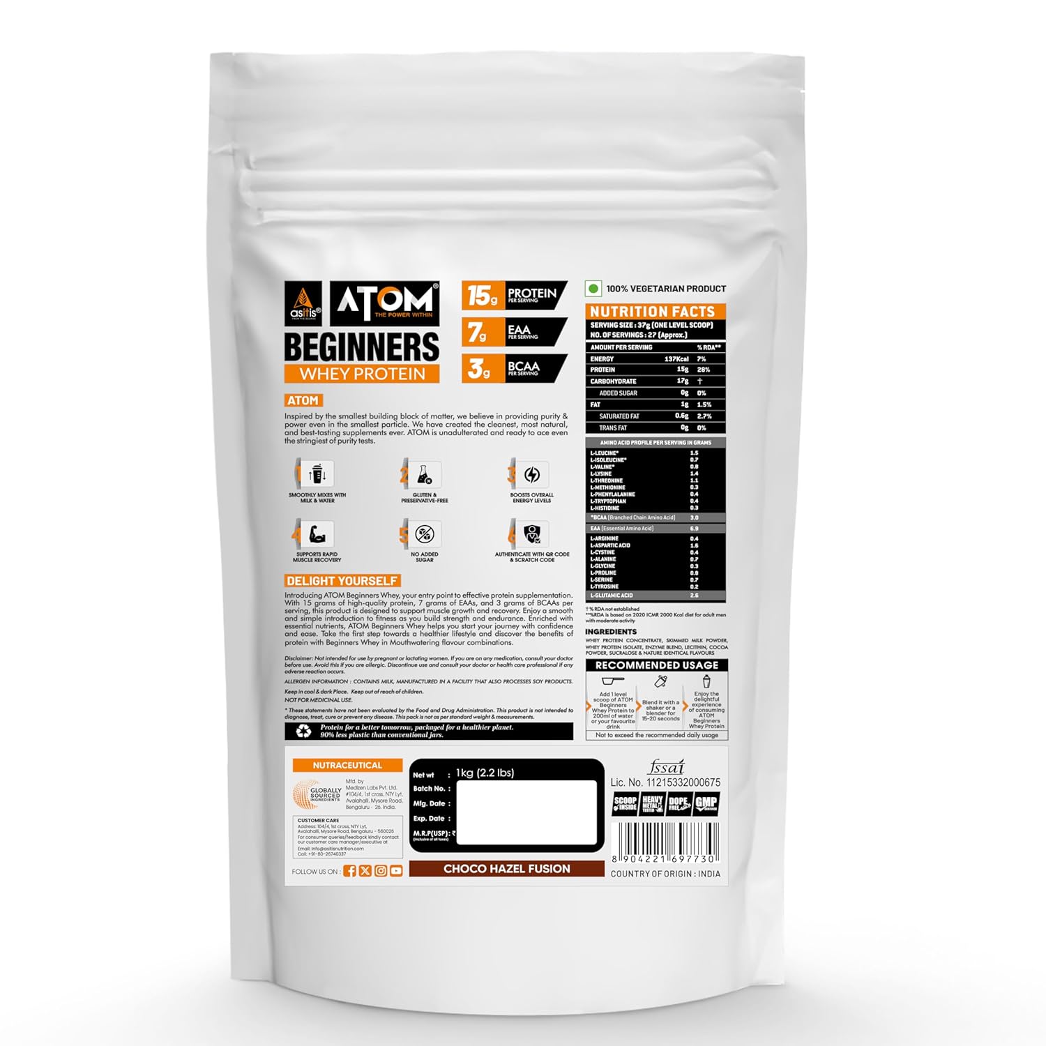 AS-IT-IS ATOM BEGINNERS WHEY PROTEIN ACCELERATES MUSCLE-BUILDING CHOCO HAZEL FUSION 1KG