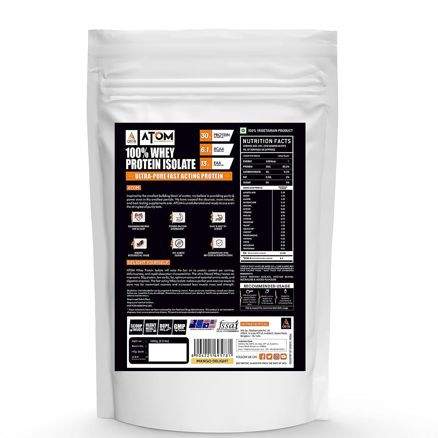 AS-IT-IS ATOM WHEY PROTEIN ISOLATE ULTRA PURE-FAST ACTING PROTEIN |MANGO DELIGHT FLAVOR 1KG