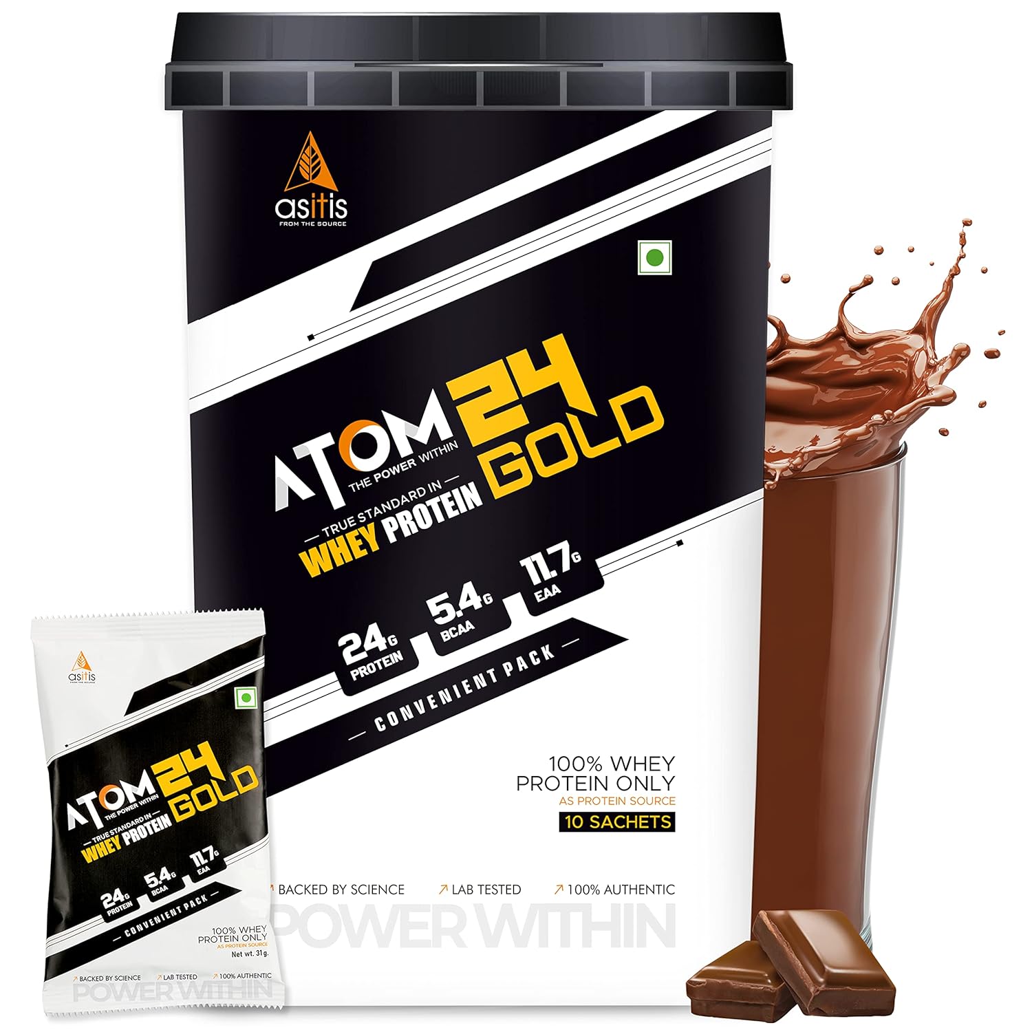 AS-IT-IS ATOM 24 GOLD WHEY PROTEIN COMBINATION OF WHEY ISOLATE & CONCENTRATE 10 SACHETS