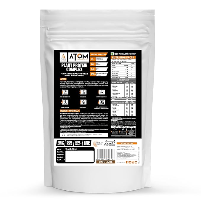 AS-IT-IS NUTRITION ATOM PLANT PROTEIN COMPLEX ASHWAGANDHA-INFUSED VEGAN PROTEIN CAFÉ LATTE 1KG