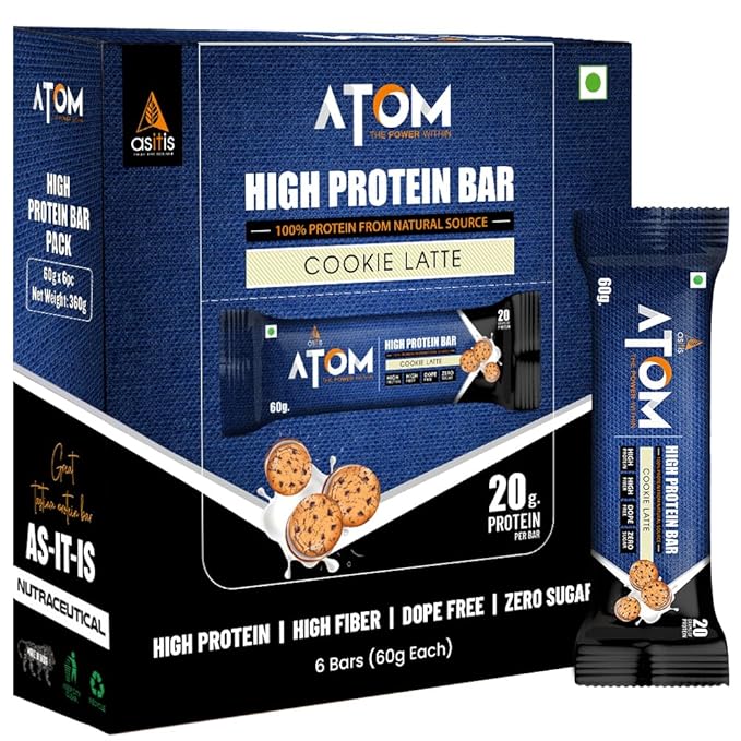 AS-IT-IS NUTRITION ATOM HIGH PROTEIN BAR,20GM PROTEIN,ZERO SUGAR,PACK OF 6 COOKIE LATTE (60GMX6)