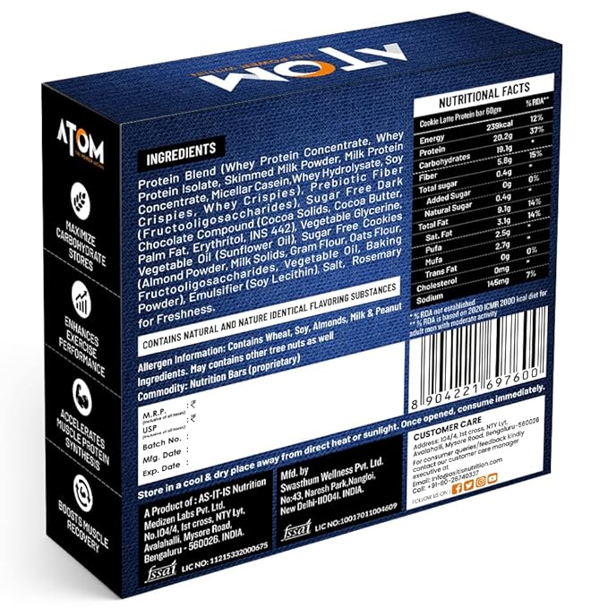 AS-IT-IS NUTRITION ATOM HIGH PROTEIN BAR,20GM PROTEIN,ZERO SUGAR,PACK OF 6 COOKIE LATTE (60GMX6)