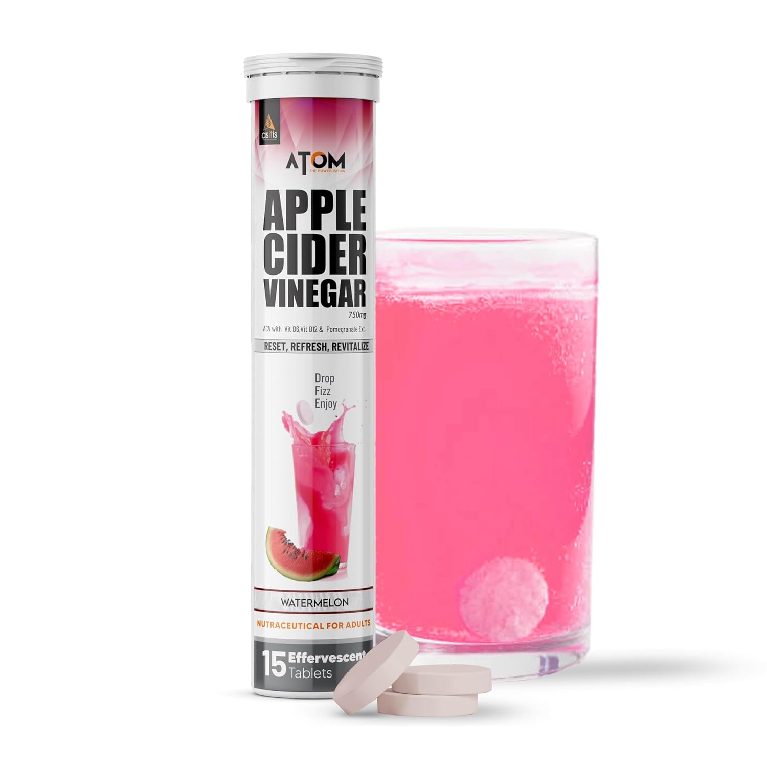 AS-IT-IS ATOM APPLE CIDER VINEGAR BOOST METABOLISM & GUT HEALTH  WATER MELON FLAVOR 15 TABLETS