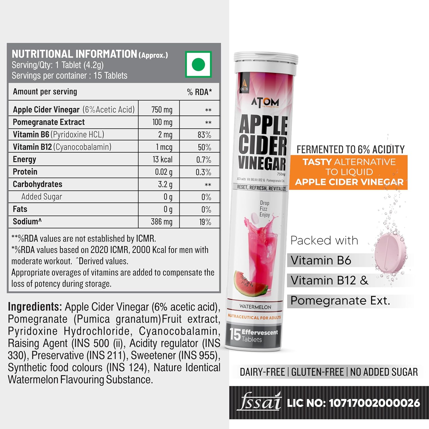 AS-IT-IS ATOM APPLE CIDER VINEGAR BOOST METABOLISM & GUT HEALTH  WATER MELON FLAVOR 15 TABLETS