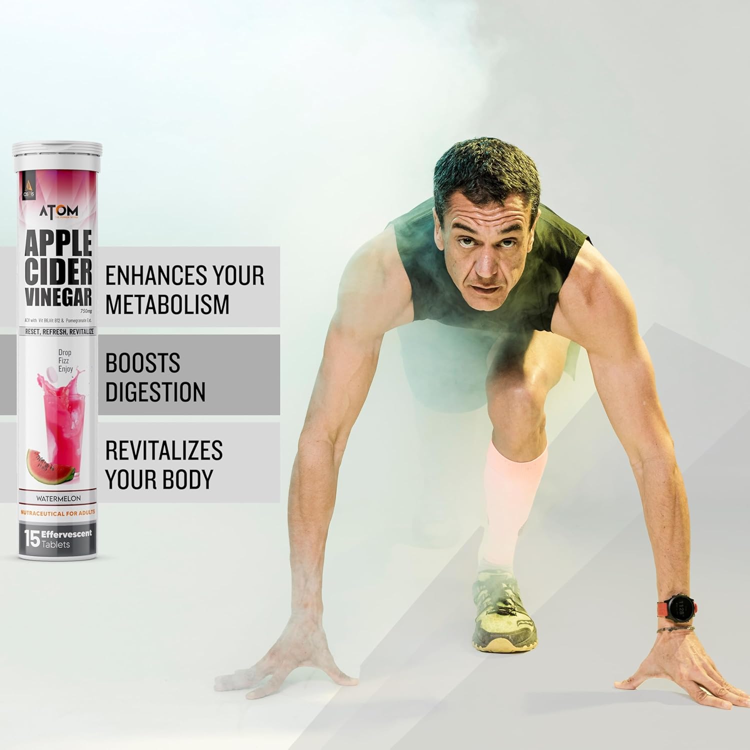 AS-IT-IS ATOM APPLE CIDER VINEGAR BOOST METABOLISM & GUT HEALTH  WATER MELON FLAVOR 15 TABLETS