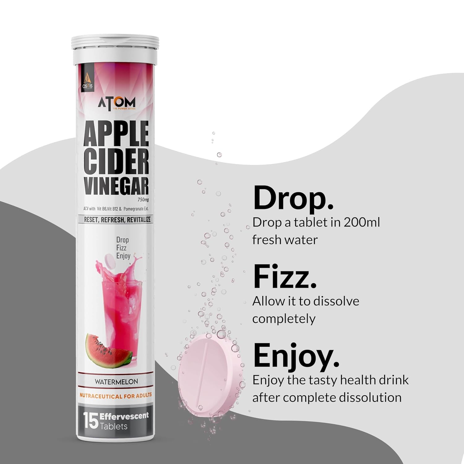 AS-IT-IS ATOM APPLE CIDER VINEGAR BOOST METABOLISM & GUT HEALTH  WATER MELON FLAVOR 15 TABLETS
