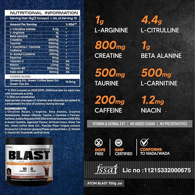 AS-IT-IS ATOM NUTRITION BLAST ADVANCED PRE-WORKOUT POWDER, COLA FLAVOUR 100GM